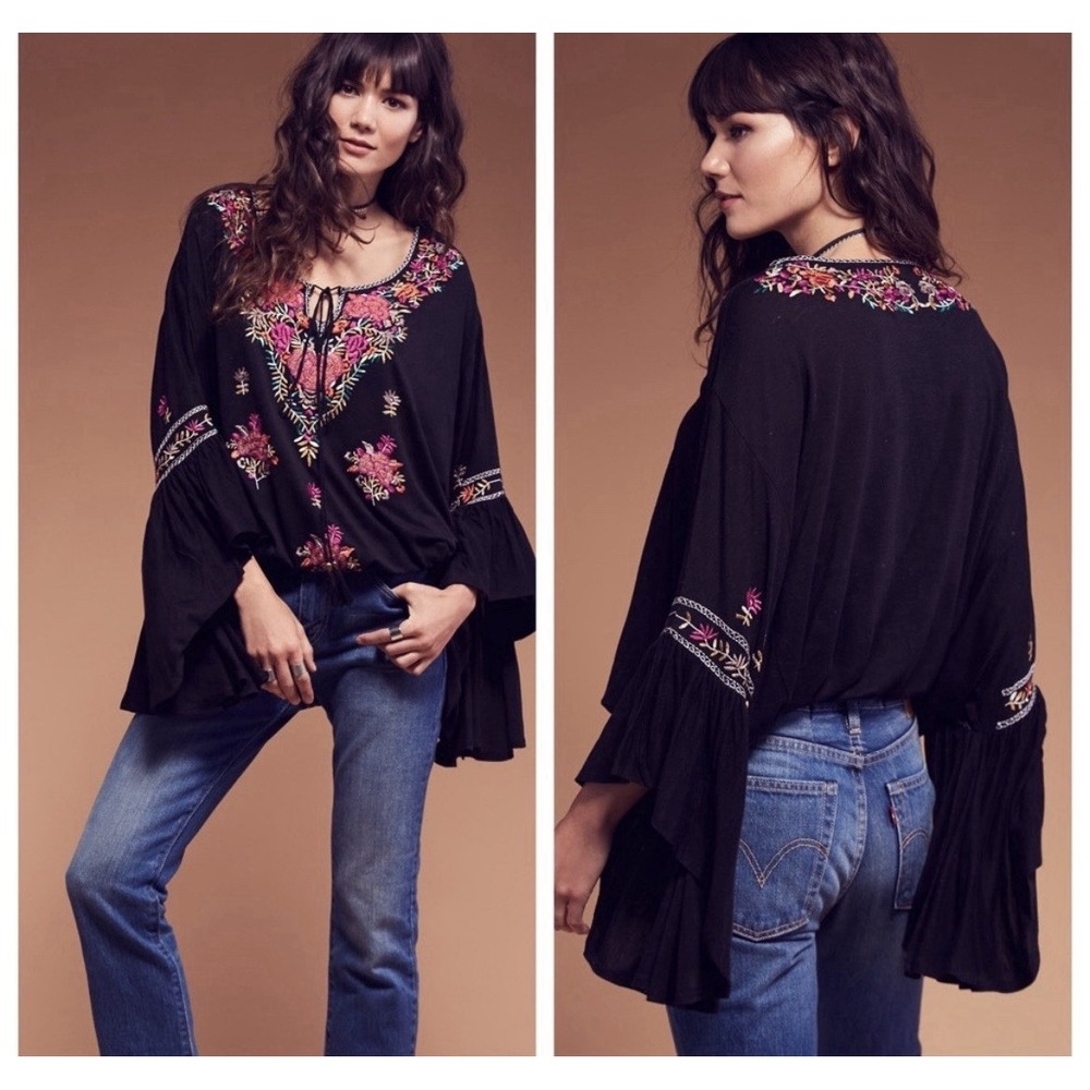 Free People Siren Embroidered Bell Sleeve Top Sz M Black Boho Peasent